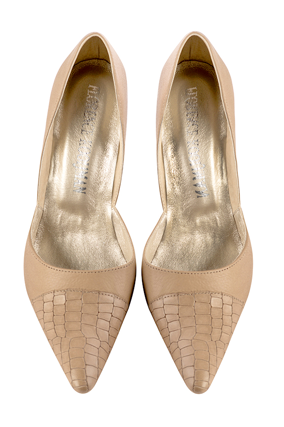 Tan beige women's open arch dress pumps. Tapered toe. Very high spool heels. Top view - Florence KOOIJMAN